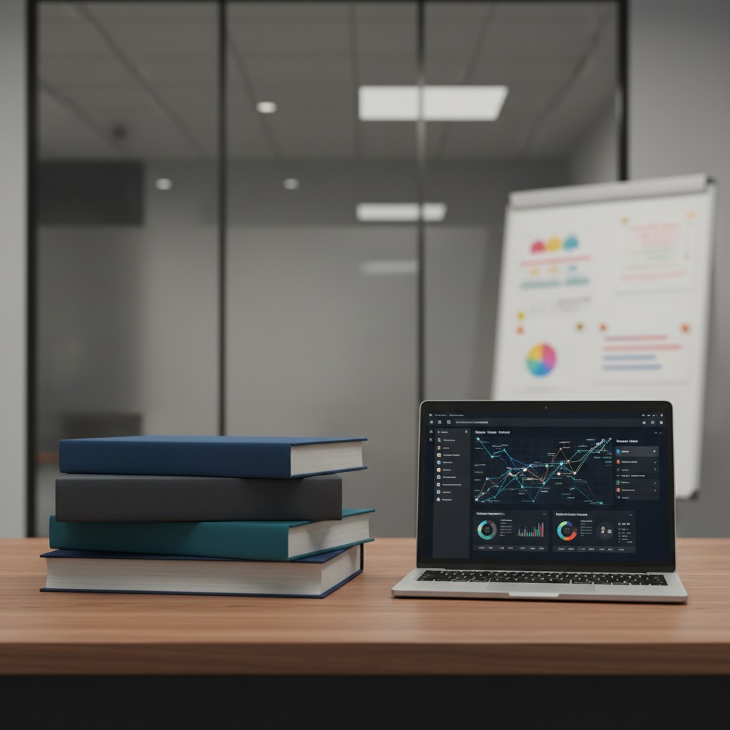 Computer screen displaying charts and graphs, on top of a desk with a stack of books, inside an office.
