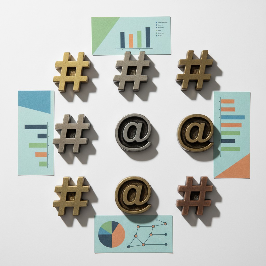 The image displays various symbols and prints, likely representing data, networking, and email-related concepts.